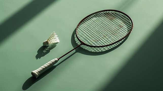 A badminton racket and shuttlecock are placed on a tennis court surface, ready for a game or practice session