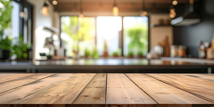 Empty wood table top and blur bokeh modern kitchen