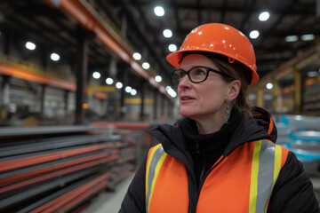 A woman is pictured wearing a hard hat and safety vest