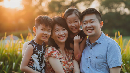 Portrait of a Malaysian Chinese happy family, outdoor. Asian family parents and children smiling together.  - obrazy, fototapety, plakaty