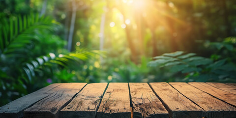 Empty wood table top with blur jungle background