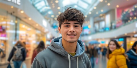 A young Latin man exudes confidence and charisma as he strikes a dynamic pose against the blurred backdrop of a modern, motion-blurred shopping mall filled with bustling shoppers.