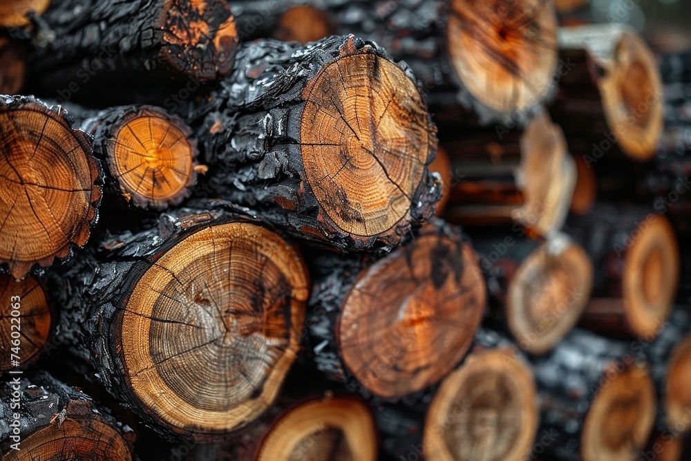 Poster precise close-up of charred wood patterns showing texture and detail of burned timber logs