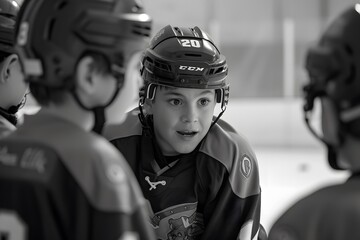 Children strategizing during an ice hockey game timeout, Children Strategizing with Coach Guidance