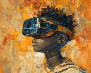 An AI generated artwork portraying a black boy utilizing virtual reality technology as a tool for interactive learning