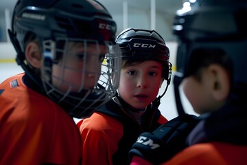 Children strategizing during an ice hockey game timeout, Children Strategizing with Coach Guidance