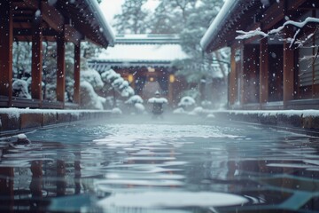 Courtyard covered in snow with a pool of water reflecting the surrounding snowy landscape