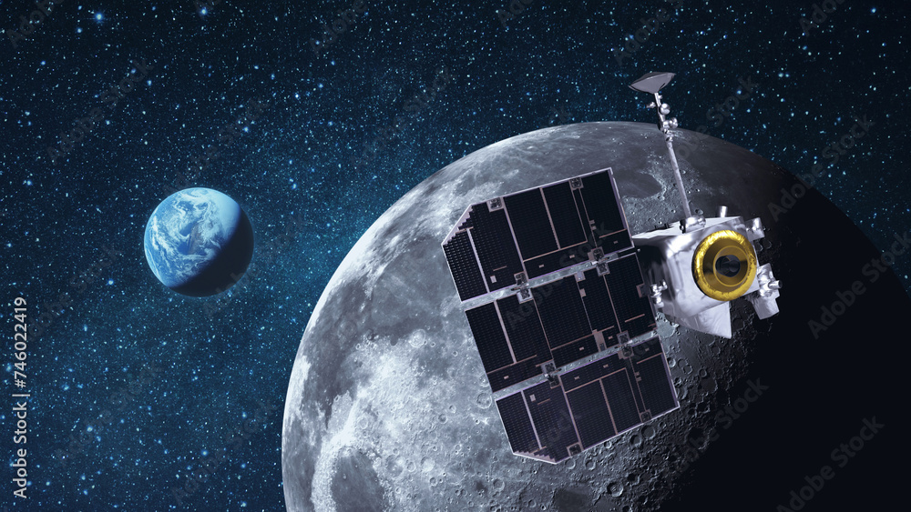 Poster Satellite Lunar Reconnaissance Orbiter flies near the moon with craters and explores the moon in space. View of blue planet Earth from the surface of the Moon