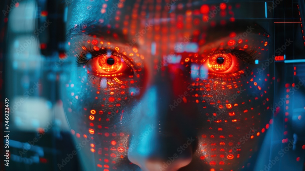 Poster close up cybersecurity alert on a facial recognition scanner a hacker s face morphing on screen brea