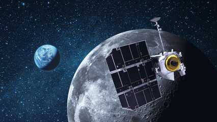 Satellite Lunar Reconnaissance Orbiter flies near the moon with craters and explores the moon in...