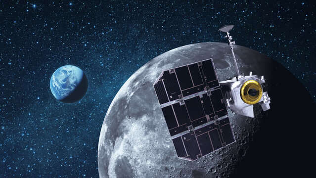 Satellite Lunar Reconnaissance Orbiter flies near the moon with craters and explores the moon in space. View of blue planet Earth from the surface of the Moon