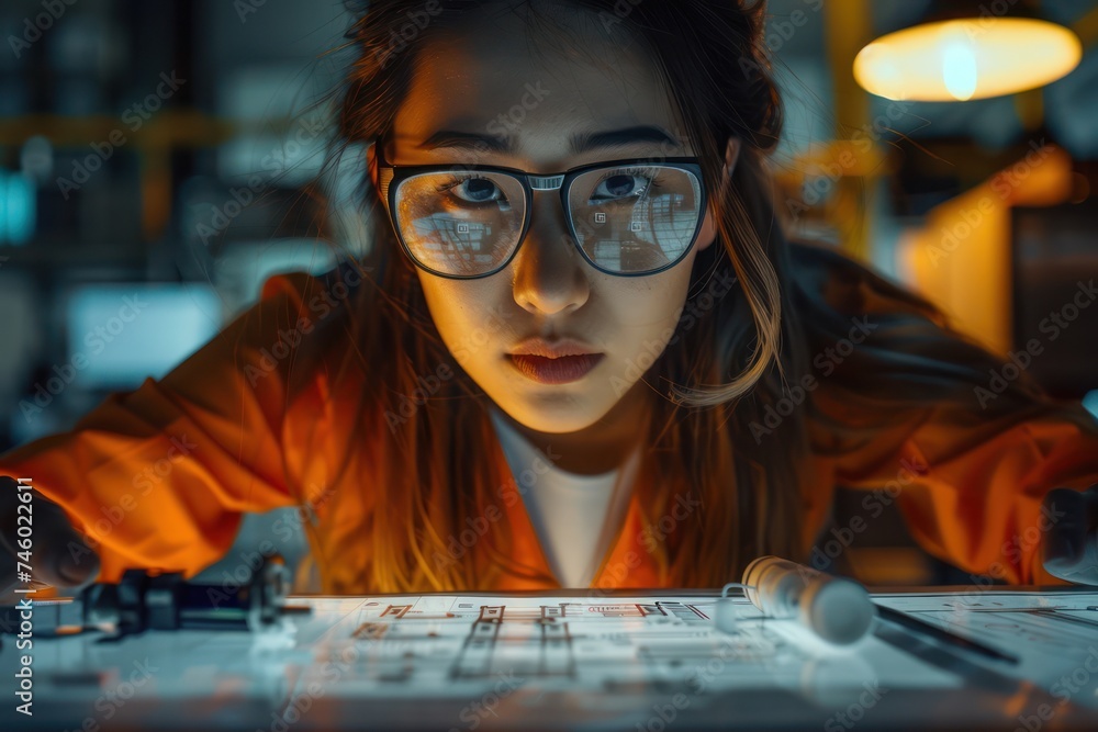 Poster close up of a female worker using advanced technology to design a building