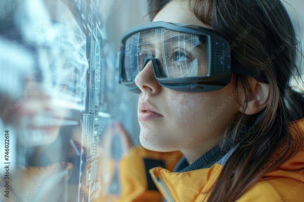 Poster close up of a female worker using advanced technology to design a building
