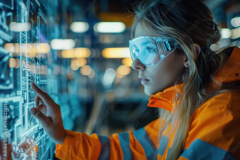 Poster close up of a female worker using advanced technology to design a building