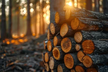 Tuinposter Close-up of freshly sawed timber logs piled up with a warm, glowing sunrise in the background © Pinklife