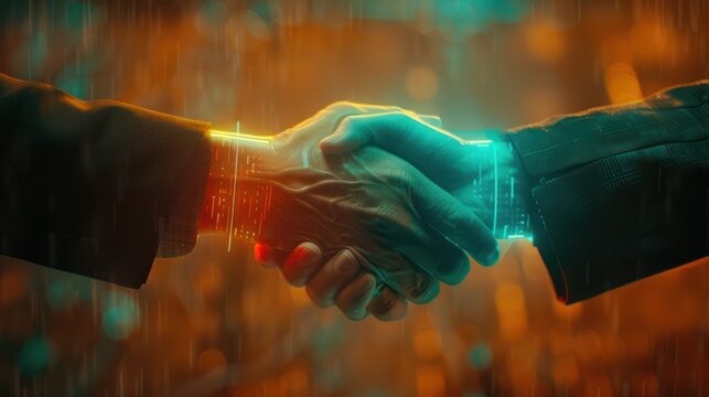 Close up of a handshake between two partners with a holographic element highlighting the artificiality of the encounter