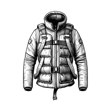 recommend clip art: Life jacket vector Monochrome sketch drawing, black and white, monochrome engraving style