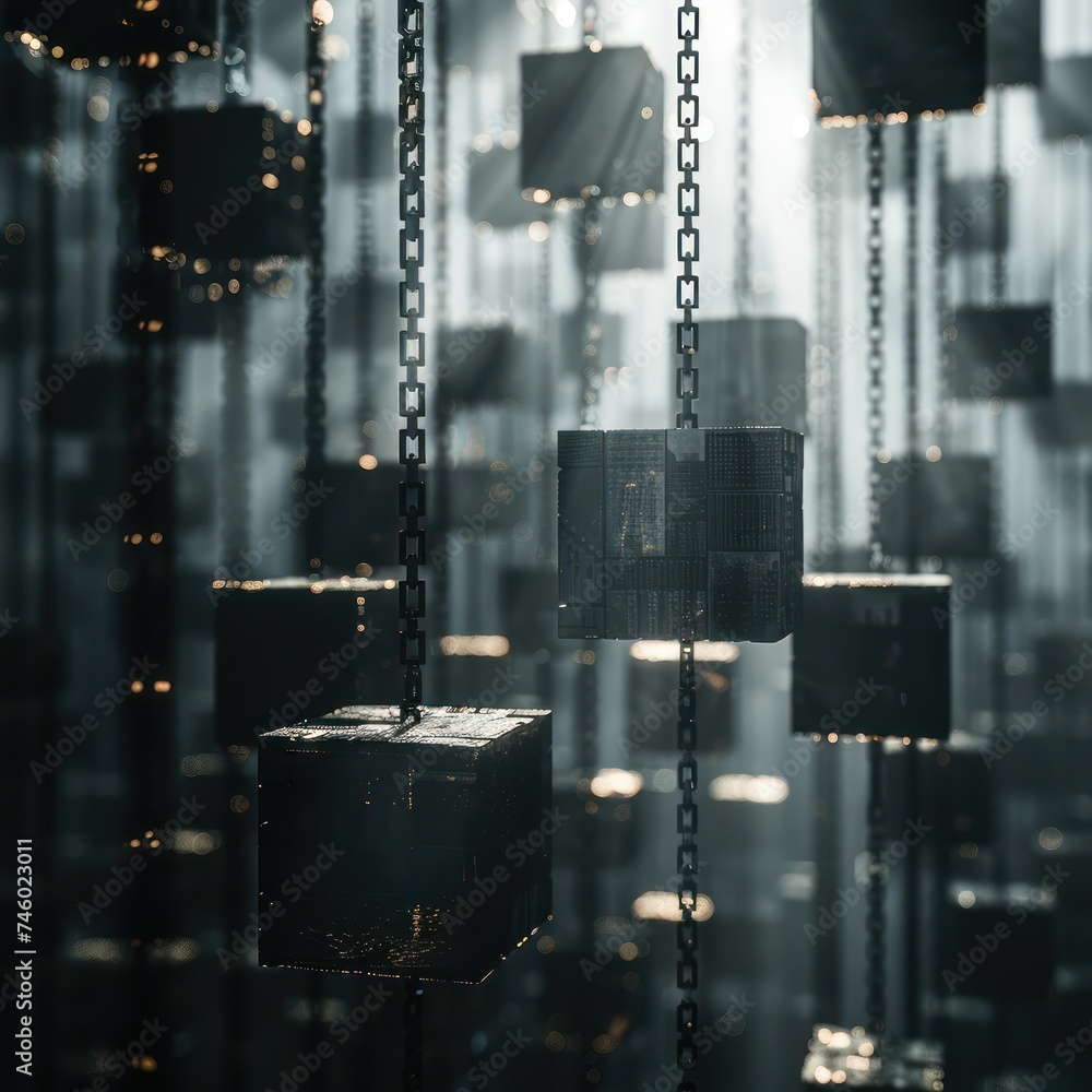 Poster medium shot focusing on a series of locked and then suddenly unlocked digital blocks representing a 