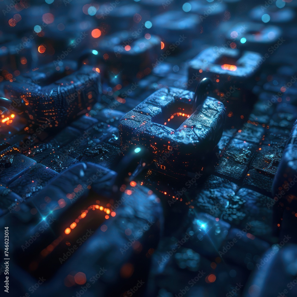 Poster medium shot focusing on a series of locked and then suddenly unlocked digital blocks representing a 