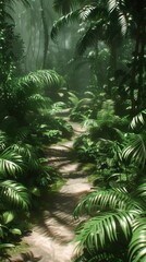 A dense green forest filled with numerous trees of varying sizes creating a lush and vibrant ecosystem