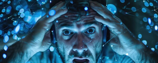 Medium shot of a blockchain engineer in a panic phone pressed to ear desperately seeking help as their network is breached digital chaos reflected in their worried expression