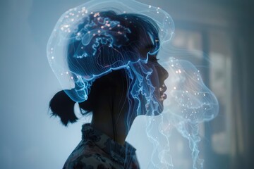 A jellyfish overlaid with underwater bioluminescent organisms in a double exposure