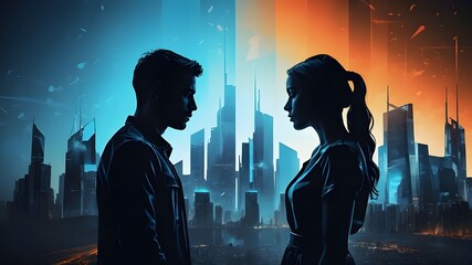 User
Illustration der Silhouette eines jungen Paares vor der Skyline einer modernen Stadt