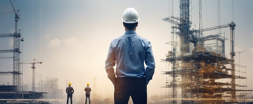 Captivating Double Exposure Rear View of a Skilled Engineer in Front of a Dynamic Construction Site, Embodying Professionalism and Expertise in the Field of Engineering