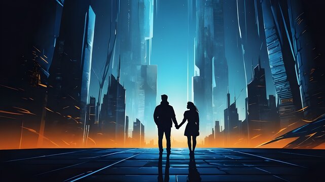 Illustration der Silhouette eines jungen Paares vor der Skyline einer modernen Stadt