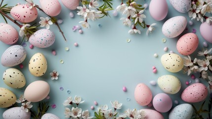Fototapeta na wymiar A variety of pastel-colored eggs and delicate flowers arranged on a blue background, creating a vibrant and cheerful composition