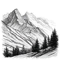 Mountain landscape ink sketch drawing, black and white, engraving style vector illustration