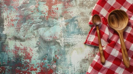 Our image showcases a red checkered tablecloth, a wooden spoon, and kitchen essentials-an inviting background with copy space. Perfect for promoting home cooking and creating a warm kitchen atmosphere