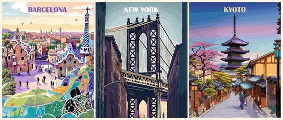 Naklejka premium Set of Travel Destination Posters in retro style. Barcelona, Spain, New York, USA, Kyoto, Japan prints. Exotic summer vacation, international holidays. Vintage vector colorful illustrations.