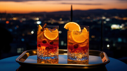 two glasses of alcoholic cocktail on a tray overlooking the city sunset panorama