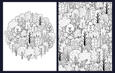Doodle trees coloring pages set. Black and white templates with funny trees. Outline background. Vector illustration