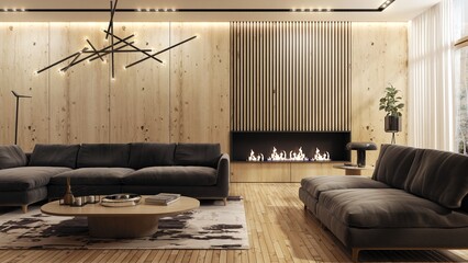 Living room designed in a modern minimalist style, with a large comfortable sofa. There is a fireplace in the wall fully clad with large wooden panels that harmonize with the floor. 3D illustration.