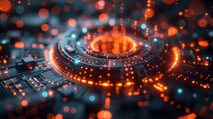 Futuristic Digital Tech Interface with Circular Patterns and Light Streams