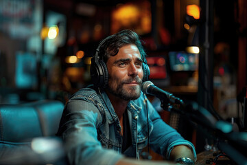 An introspective male podcaster in a denim jacket reflects during a recording session, an image generated by AI technology