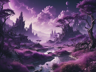 Surreal and dreamlike landscape wallpaper in purple tones - generated by ia