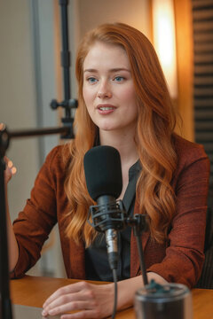 A focused woman with red hair speaks into a microphone during a podcast recording, her expression attentive, generated by AI