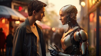 Unconventional love story with a robot and man. Embracing the intersection of technology and emotion, portraying the unique bond between a humanoid and a human