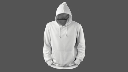 Chic white Hooded Sweatshirt Isolated on Grey Background, Blank Hoodie Mockup, Concept for Design, Effortless Style in Monochrome Comfort