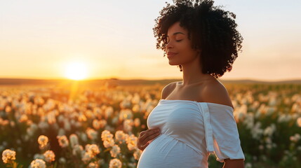 A serene pregnant black woman in a white off-shoulder dress stands among white flowers at sunset, touching her belly
