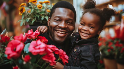 A joyful black father and his young daughter share a smile among vibrant red flowers at a flower market - obrazy, fototapety, plakaty