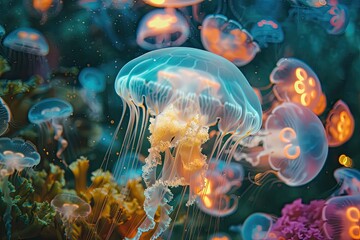 Fototapeta premium A jellyfish overlaid with underwater bioluminescent organisms in a double exposure