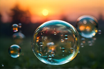 Closeup abstract, transparent soap bubbles floating in the air above the grass with sunset coming through the bubbles. Macro oxygen bubbles. Clear water spheres. Ecology concept. 