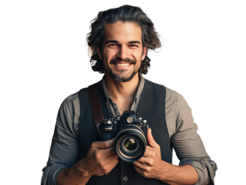 A portrait of the young  male photographer with camera on hands. - Powered by Adobe