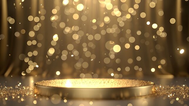 Soft gold podium with gold sprinkles bokeh light background 
