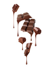 Pieces of broken chocolate bar with dripping drops isolated on a white background