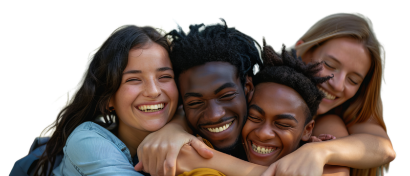 A hugging happy young students different nationalities.